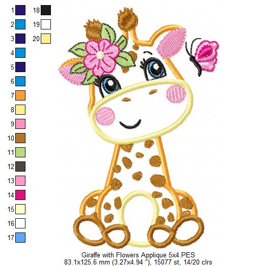 Giraffe Girl with Flowers - Applique - Machine Embroidery Design