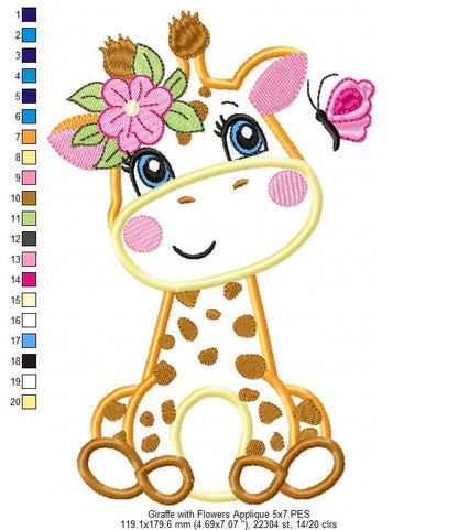 Giraffe Girl with Flowers - Applique - Machine Embroidery Design