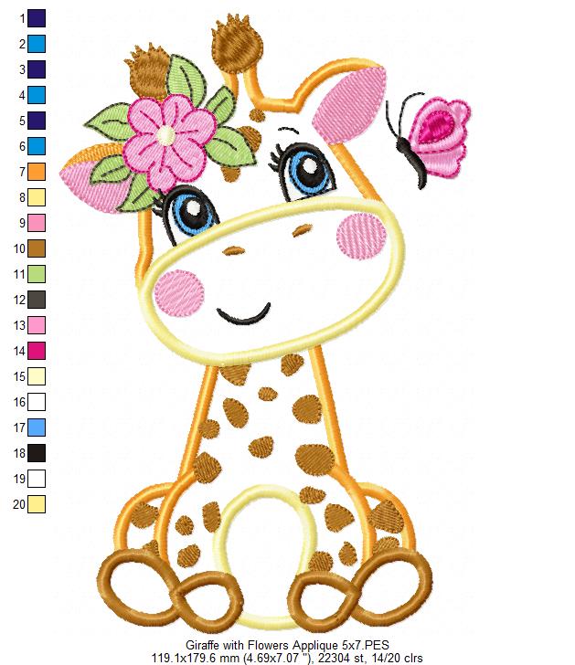Giraffe Girl with Flowers - Applique & Fill Stitch - Set of 2 designs
