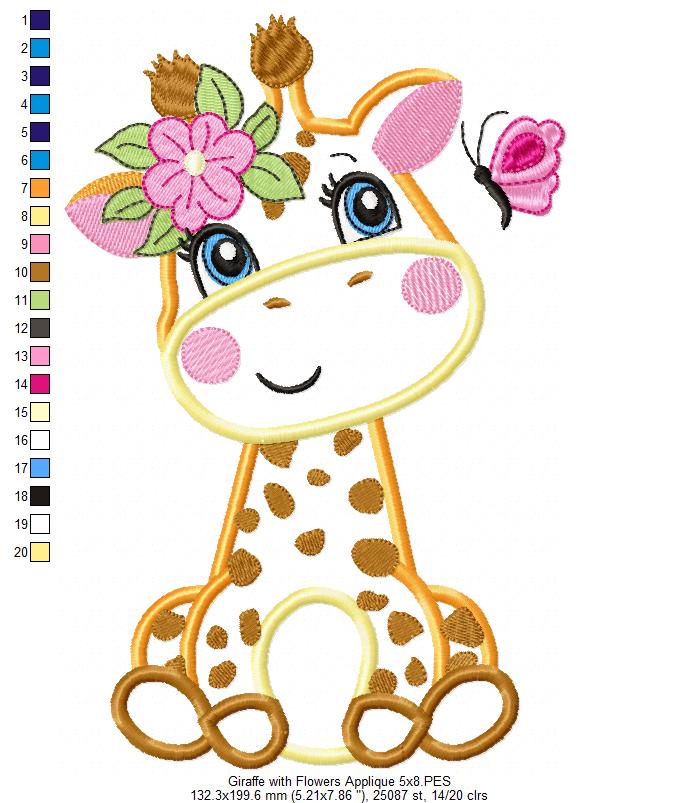 Giraffe Girl with Flowers - Applique - Machine Embroidery Design