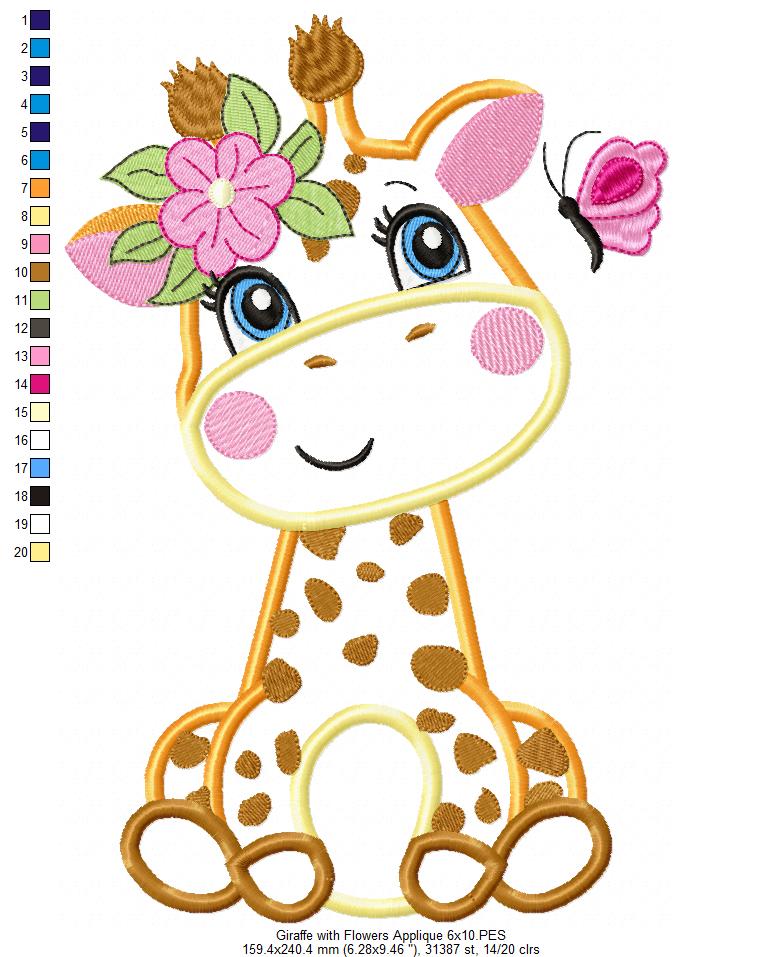 Giraffe Girl with Flowers - Applique - Machine Embroidery Design