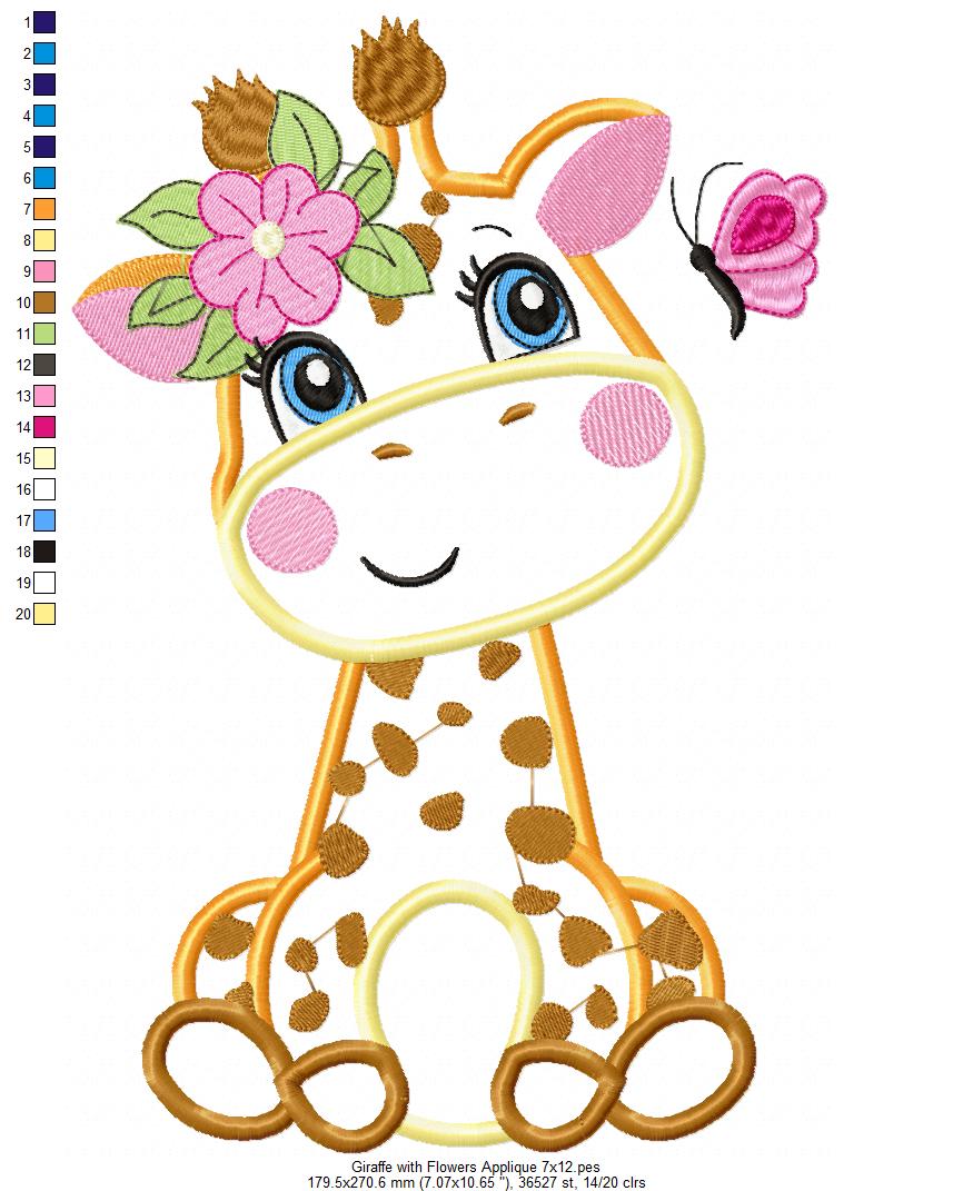 Giraffe Girl with Flowers - Applique - Machine Embroidery Design