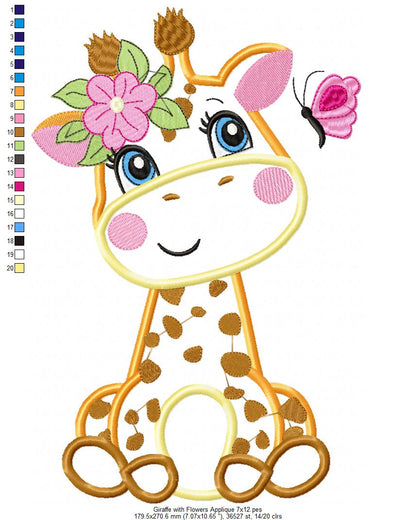 Giraffe Girl with Flowers - Applique & Fill Stitch - Set of 2 designs