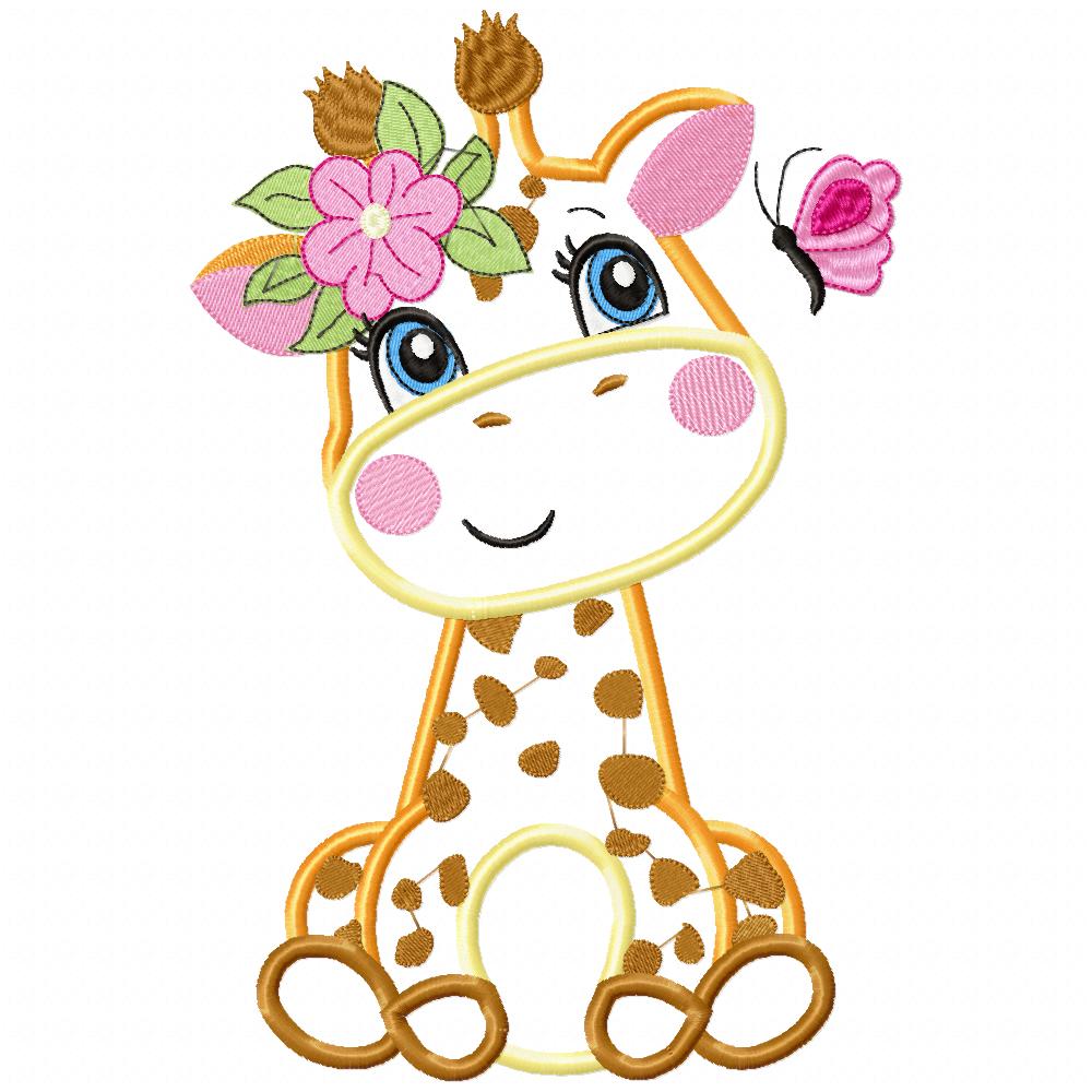 Giraffe Girl with Flowers - Applique - Machine Embroidery Design