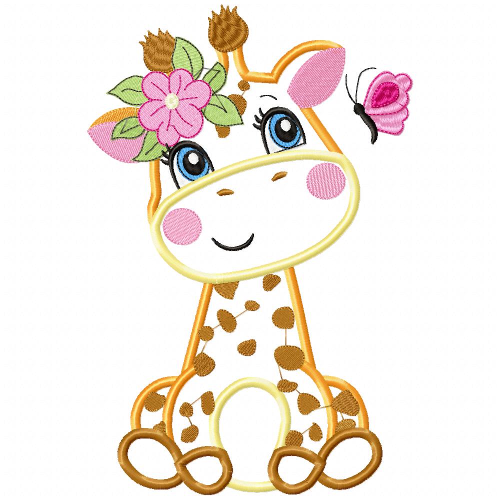Giraffe Girl with Flowers - Applique & Fill Stitch - Set of 2 designs