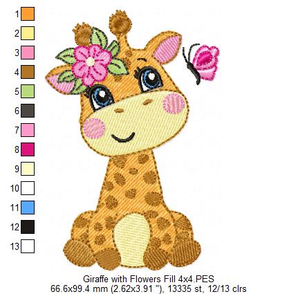 Giraffe Girl with Flowers - Fill Stitch Embroidery