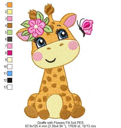 Giraffe Girl with Flowers - Fill Stitch Embroidery