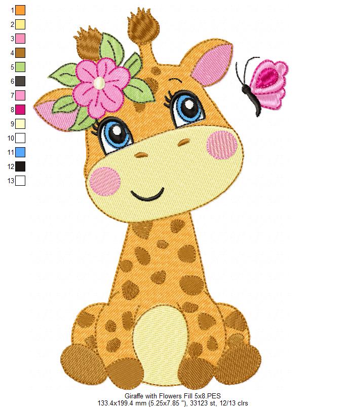 Giraffe Girl with Flowers - Fill Stitch Embroidery