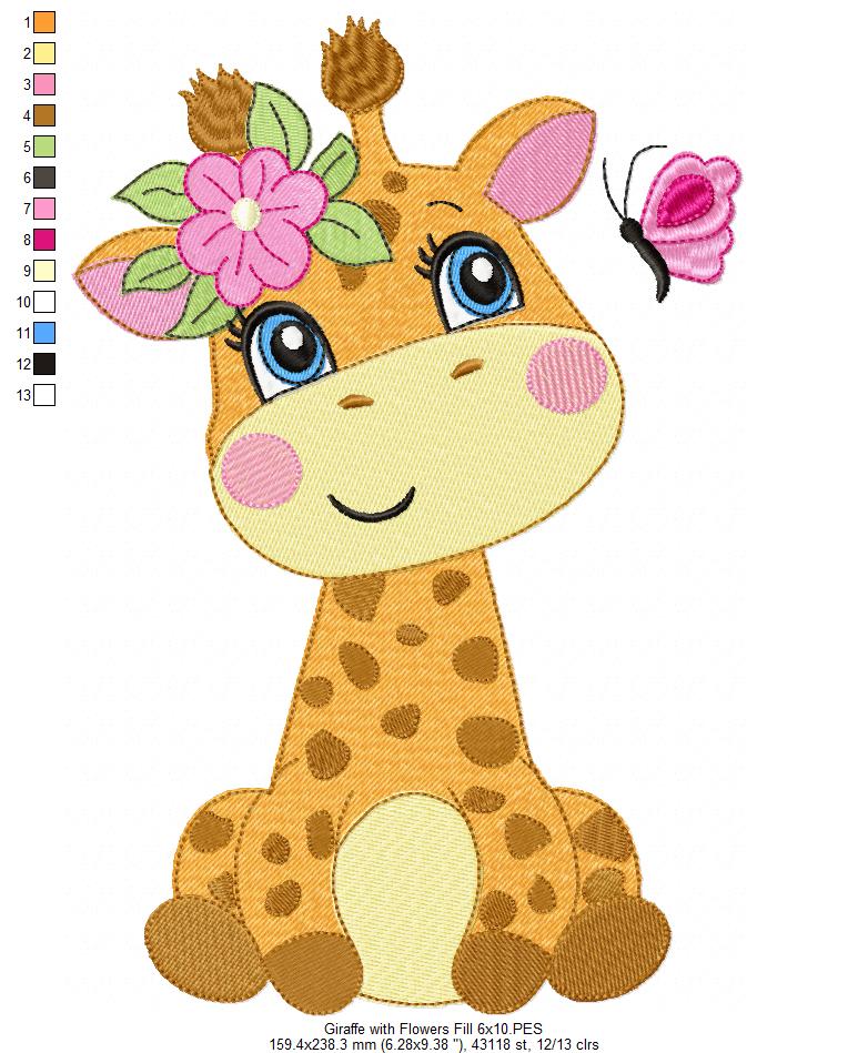 Giraffe Girl with Flowers - Fill Stitch Embroidery