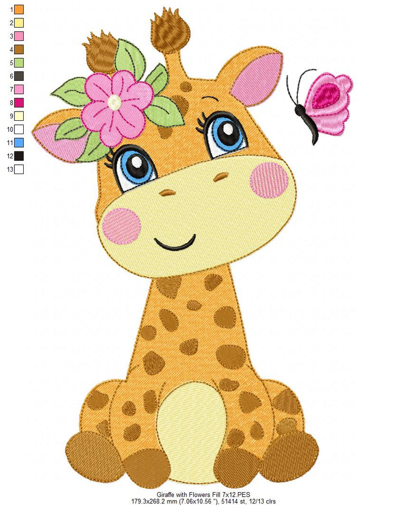 Giraffe Girl with Flowers - Fill Stitch Embroidery