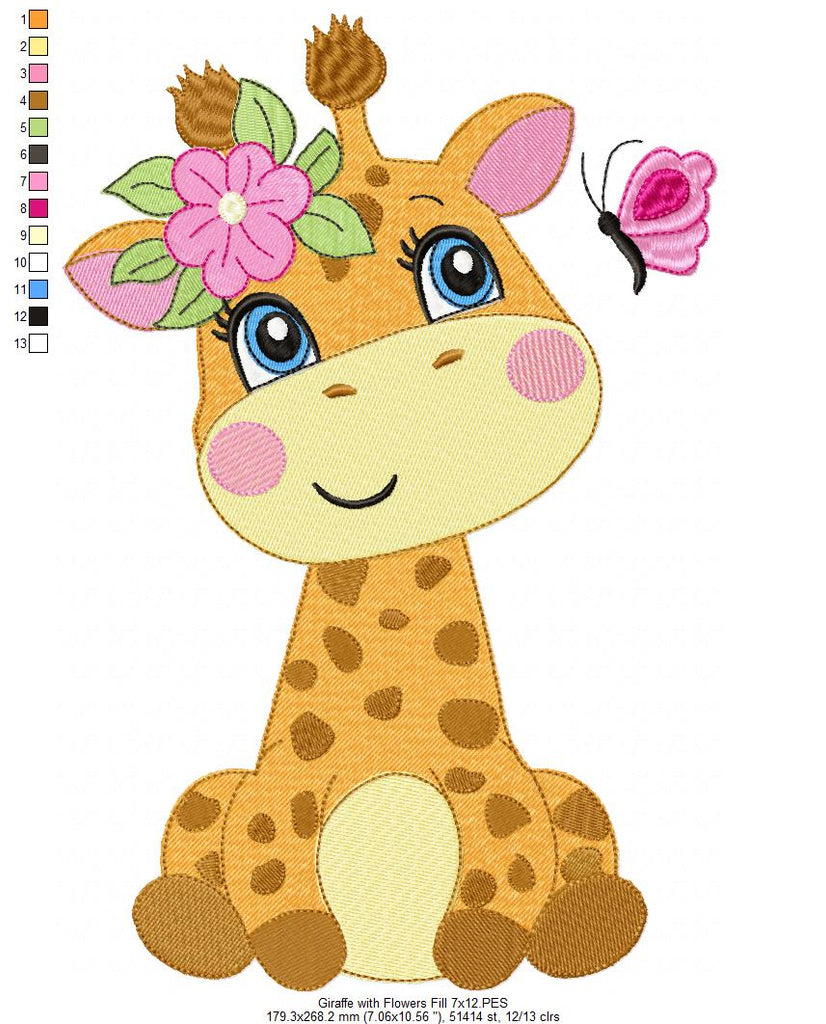 Giraffe Girl with Flowers - Applique & Fill Stitch - Set of 2 designs