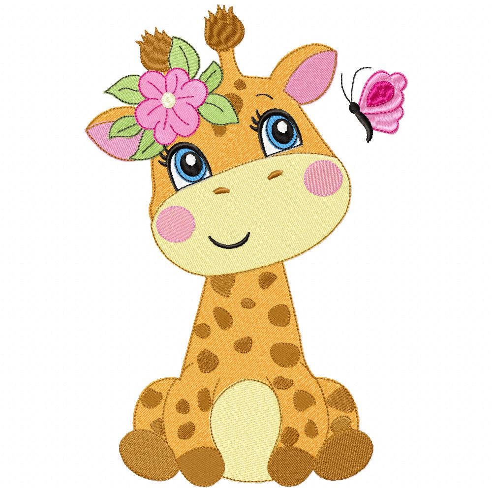 Giraffe Girl with Flowers - Applique & Fill Stitch - Set of 2 designs