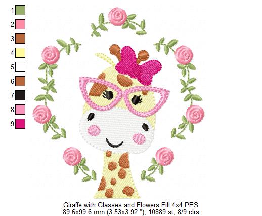 Giraffe with Glasses and Flowers - Fill Stitch