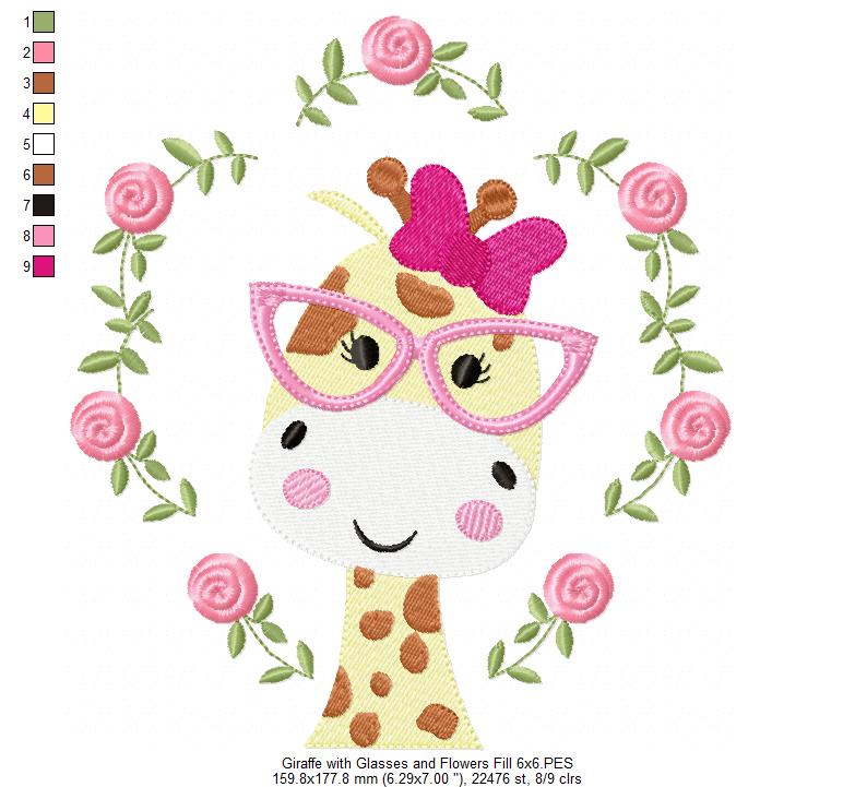 Giraffe with Glasses and Flowers - Fill Stitch