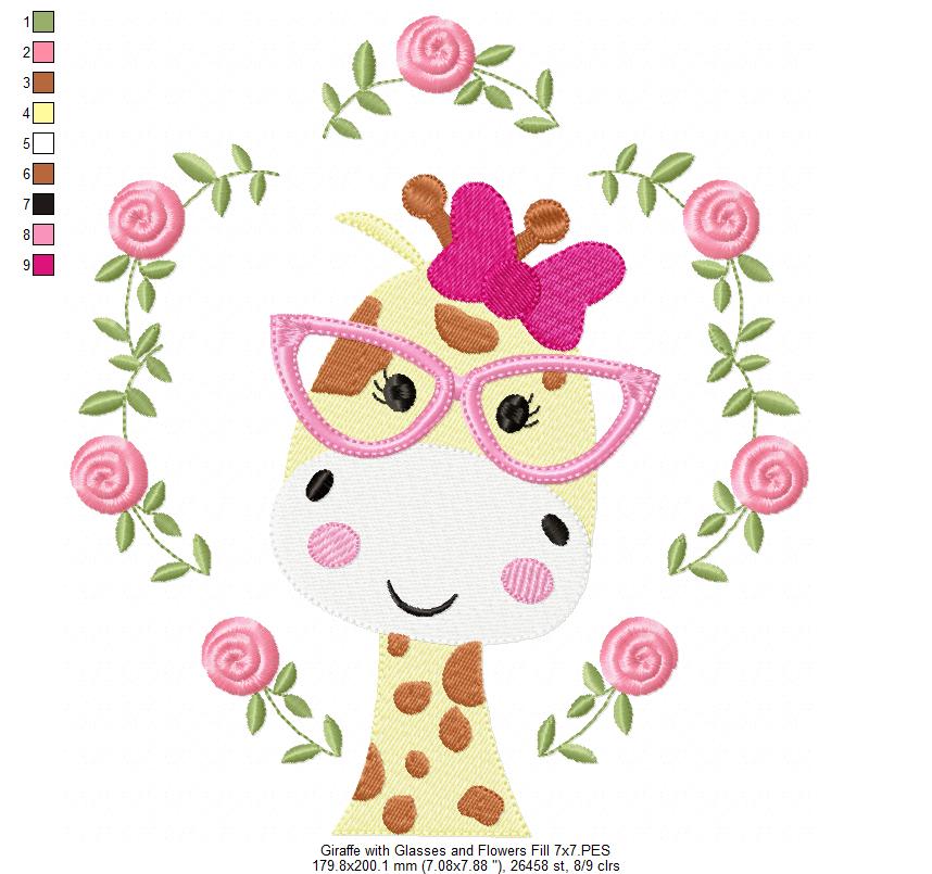 Giraffe with Glasses and Flowers - Fill Stitch