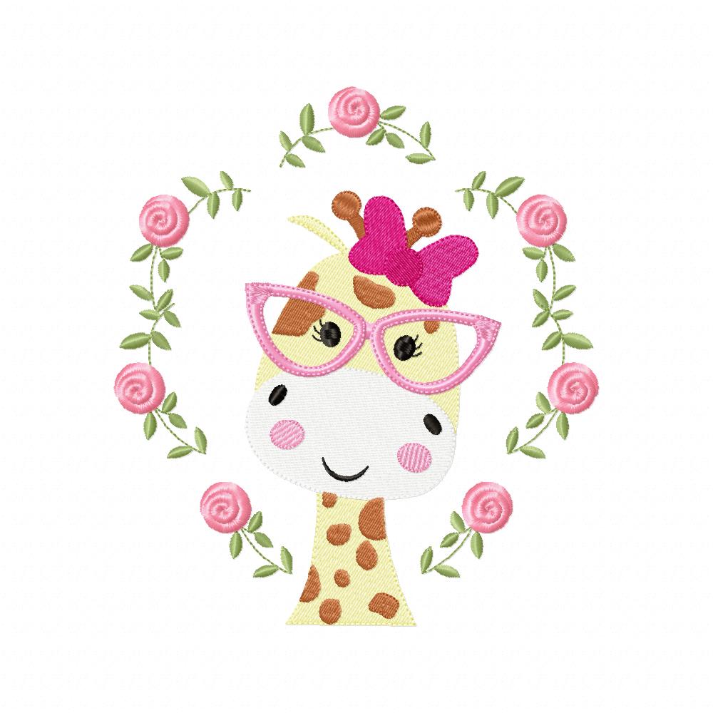 Giraffe with Glasses and Flowers - Fill Stitch