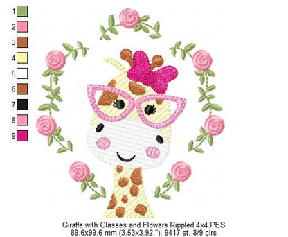 Giraffe with Glasses and Flowers - Rippled Stitch - Machine Embroidery Design