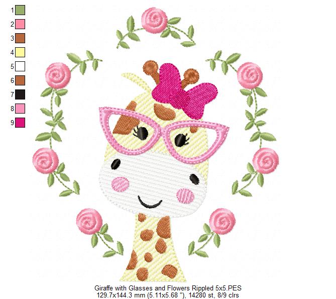 Giraffe with Glasses and Flowers - Rippled Stitch - Machine Embroidery Design