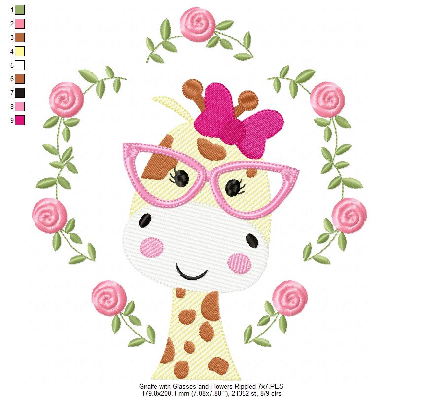 Giraffe with Glasses and Flowers - Fill & Rippled Stitch - Set of 2 designs