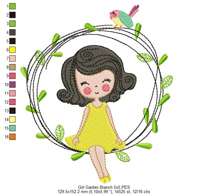 Girl on the Garden Branch - Fill Stitch - Machine Embroidery Design