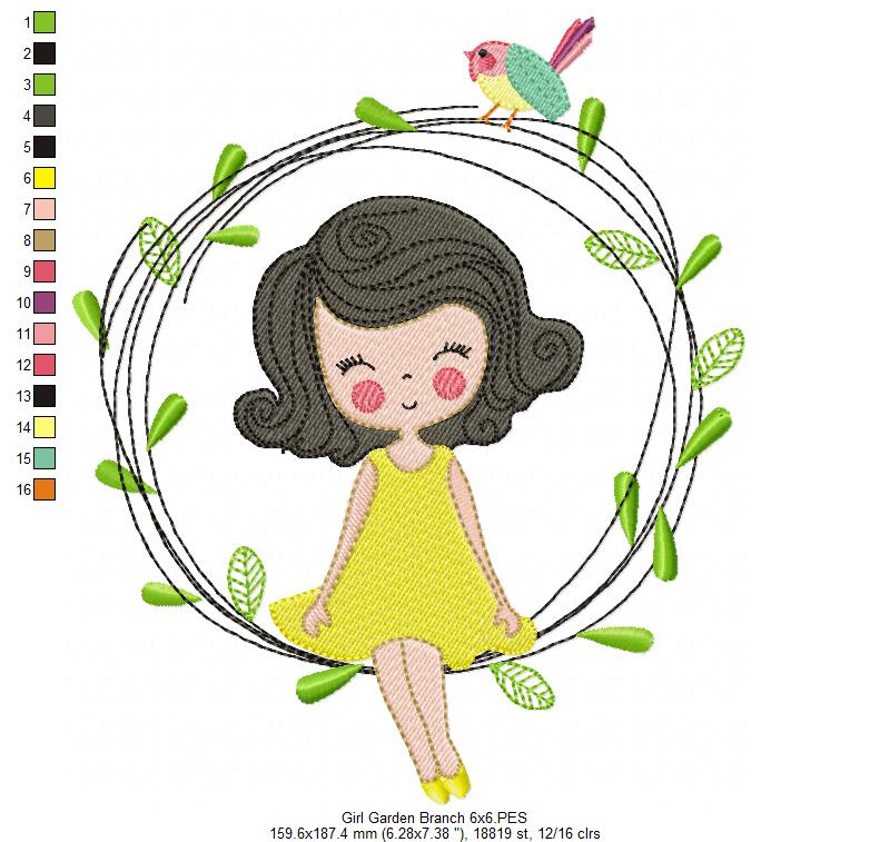 Girl on the Garden Branch - Fill Stitch - Machine Embroidery Design