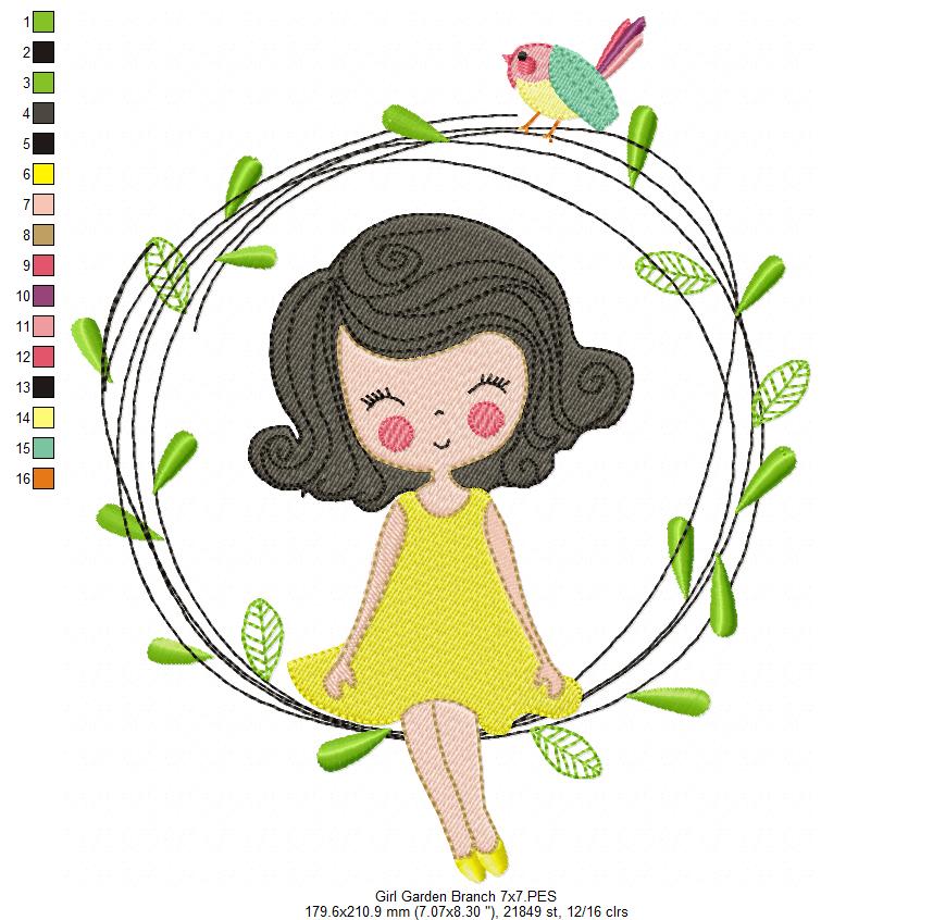 Girl on the Garden Branch - Fill Stitch - Machine Embroidery Design