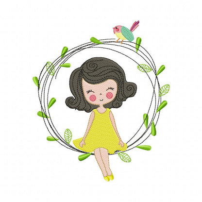 Girl on the Garden Branch - Fill Stitch - Machine Embroidery Design