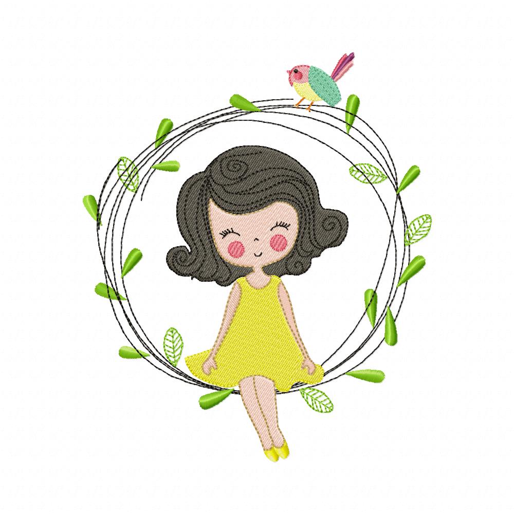 Girl on the Garden Branch - Fill Stitch - Machine Embroidery Design