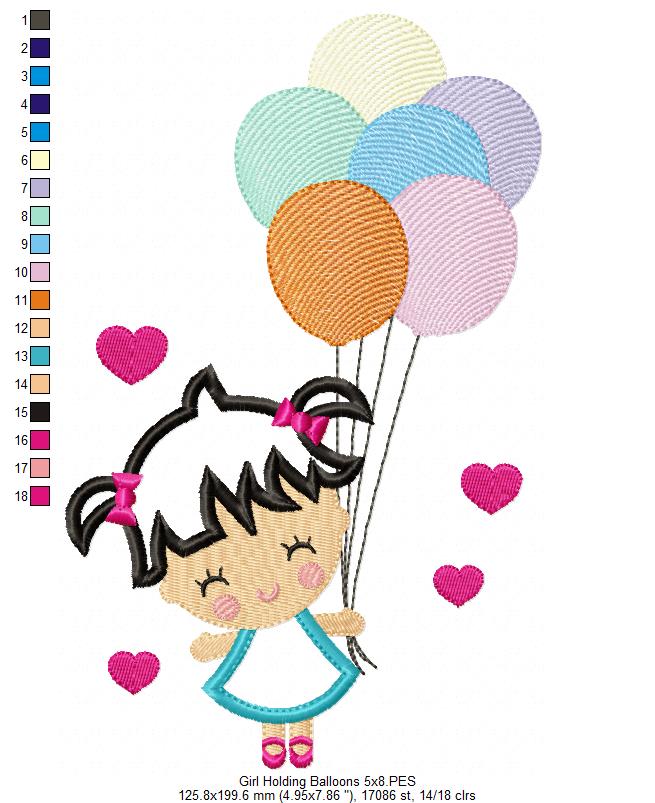 Girl Holding Balloons - Fill Stitch & Applique