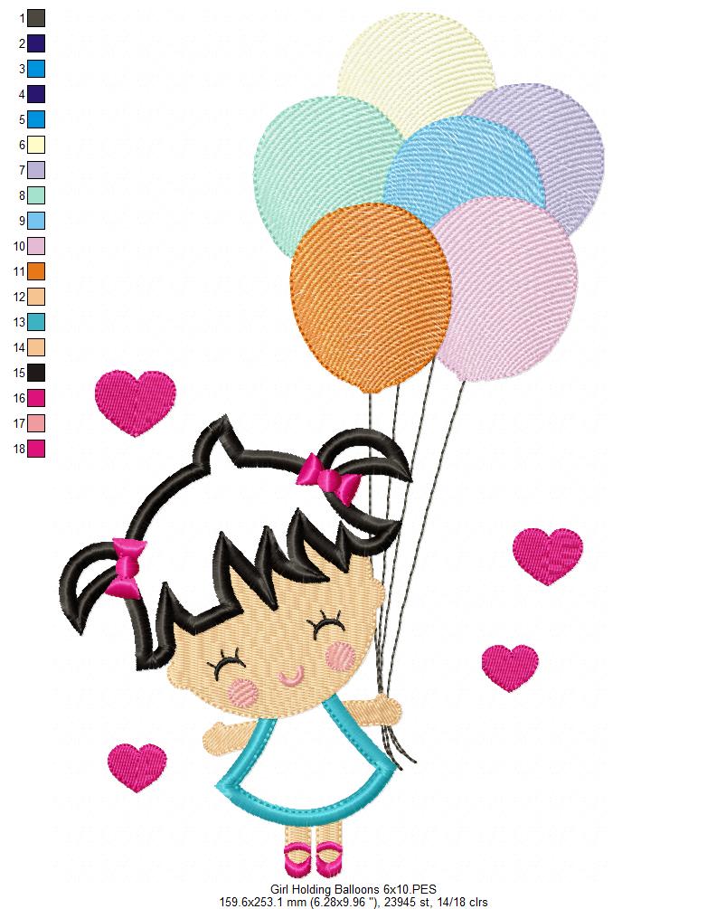 Girl Holding Balloons - Fill Stitch & Applique
