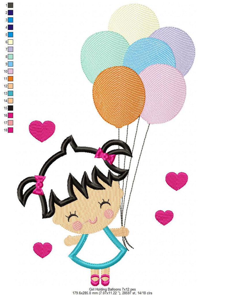 Girl Holding Balloons - Applique Embroidery