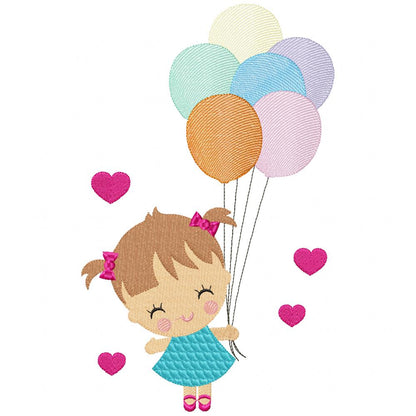 Girl Holding Balloons - Fill Stitch