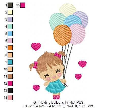 Girl Holding Balloons - Fill Stitch