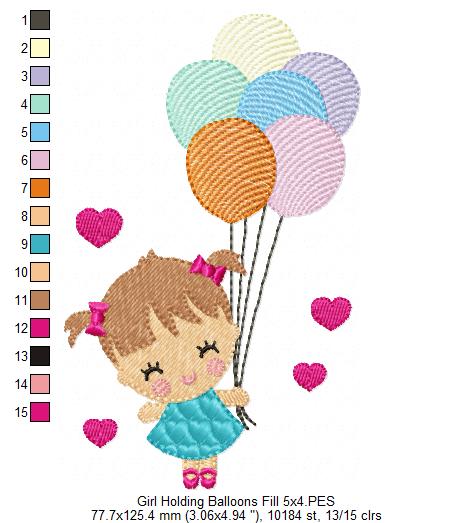 Girl Holding Balloons - Fill Stitch & Applique