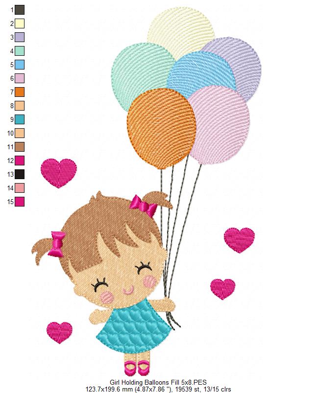 Girl Holding Balloons - Fill Stitch & Applique