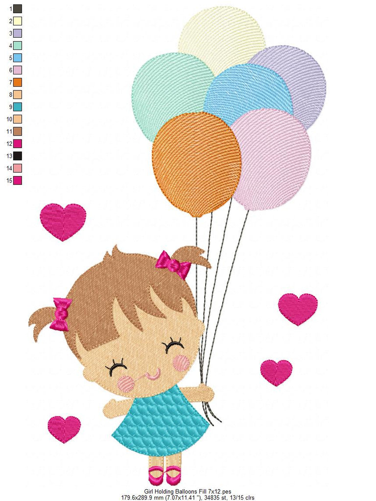 Girl Holding Balloons - Fill Stitch