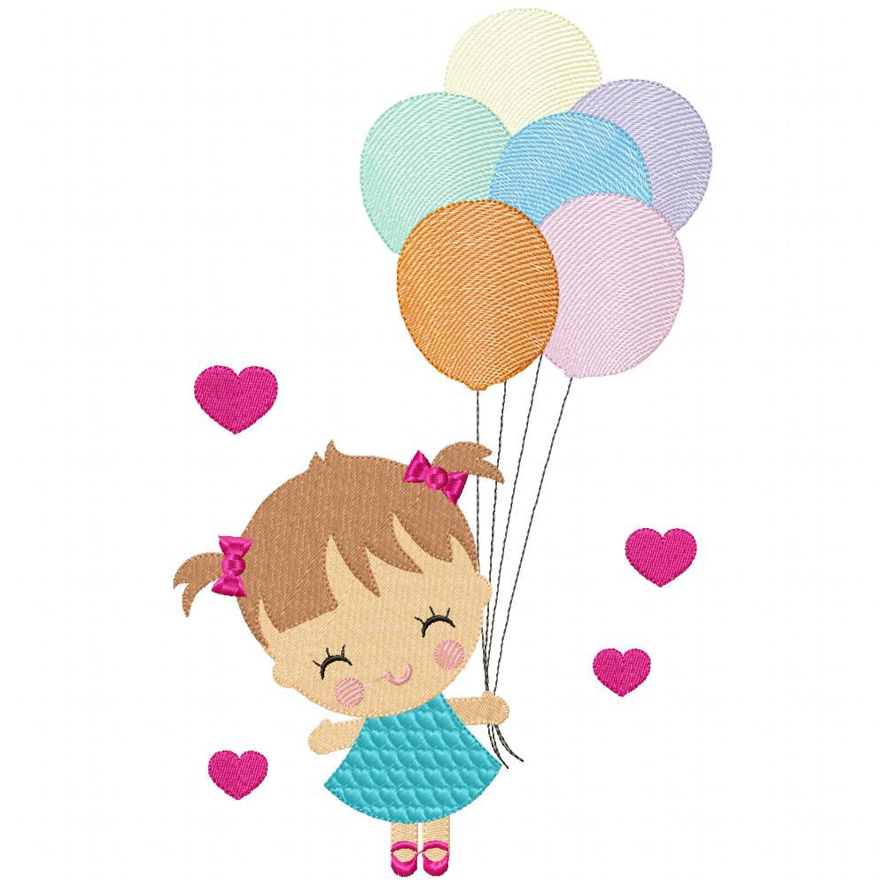 Girl Holding Balloons - Fill Stitch & Applique