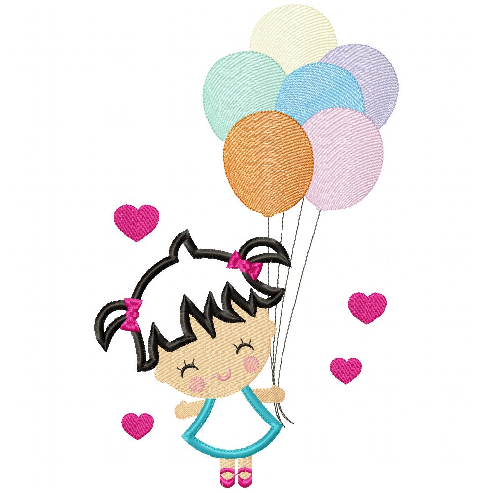 Girl Holding Balloons - Fill Stitch & Applique