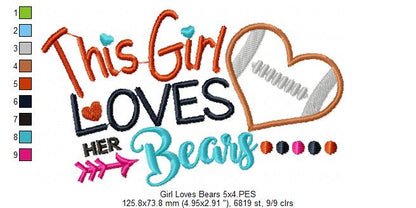This Girl Loves Bears Football - Appliqué - Machine Embroidery Design