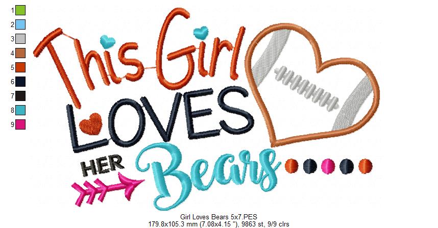 This Girl Loves Bears Football - Appliqué - Machine Embroidery Design