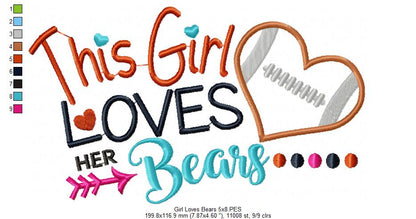 This Girl Loves Bears Football - Appliqué - Machine Embroidery Design