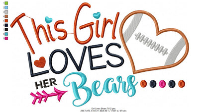 This Girl Loves Bears Football - Appliqué - Machine Embroidery Design
