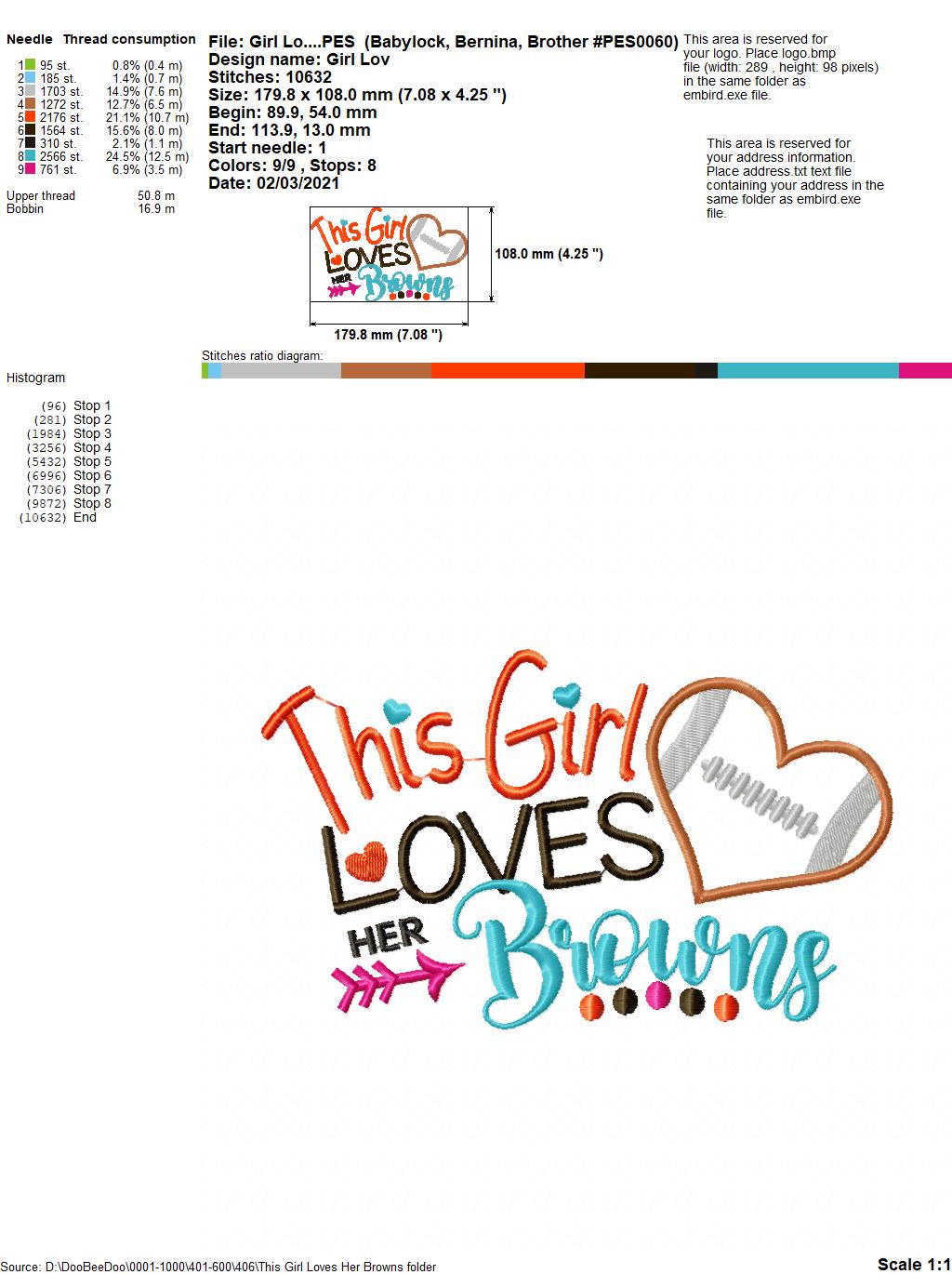 This Girl Loves Browns Football - Appliqué - Machine Embroidery Design