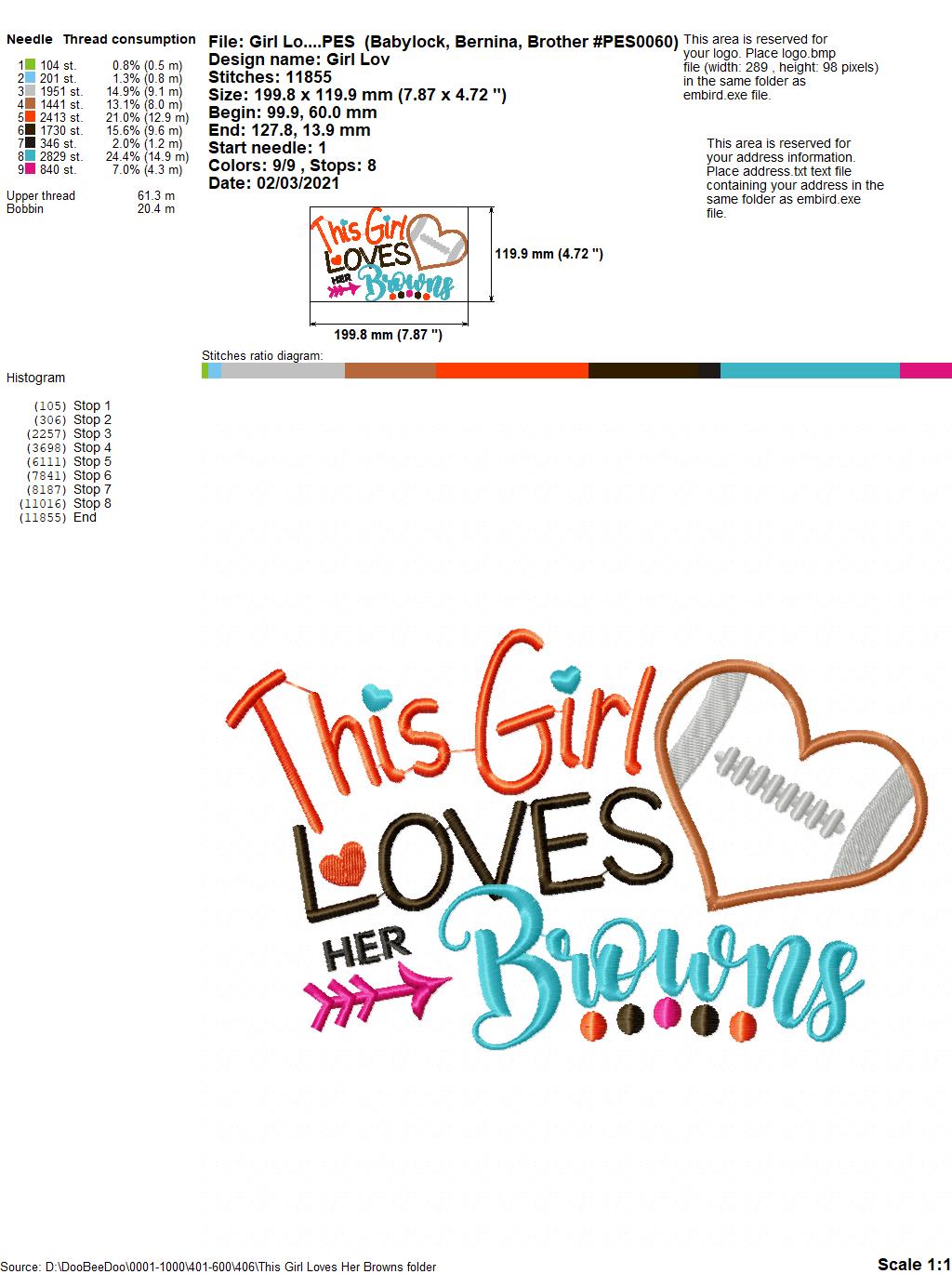 This Girl Loves Browns Football - Appliqué - Machine Embroidery Design