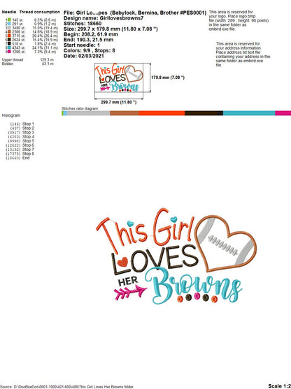 This Girl Loves Browns Football - Appliqué - Machine Embroidery Design