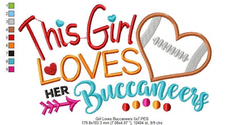 This Girl Loves Buccaneers Football - Appliqué - Machine Embroidery Design