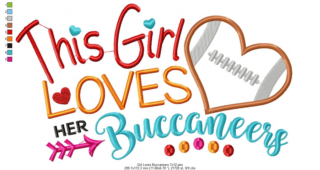 This Girl Loves Buccaneers Football - Appliqué - Machine Embroidery Design