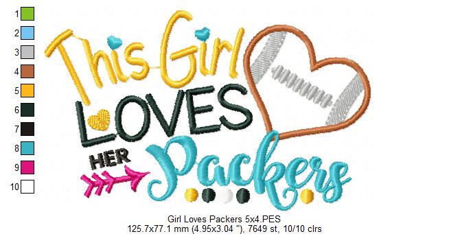 This Girl Loves Packers Football - Appliqué - Machine Embroidery Design