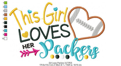 This Girl Loves Packers Football - Appliqué - Machine Embroidery Design