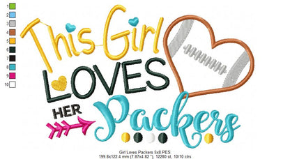 This Girl Loves Packers Football - Appliqué - Machine Embroidery Design